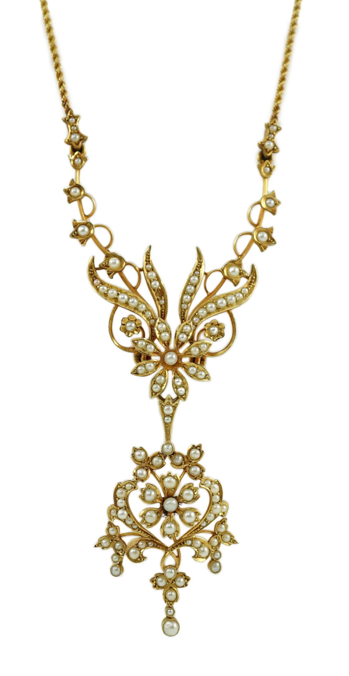 A late Victorian 15ct gold and seed pearl set drop pendant necklace